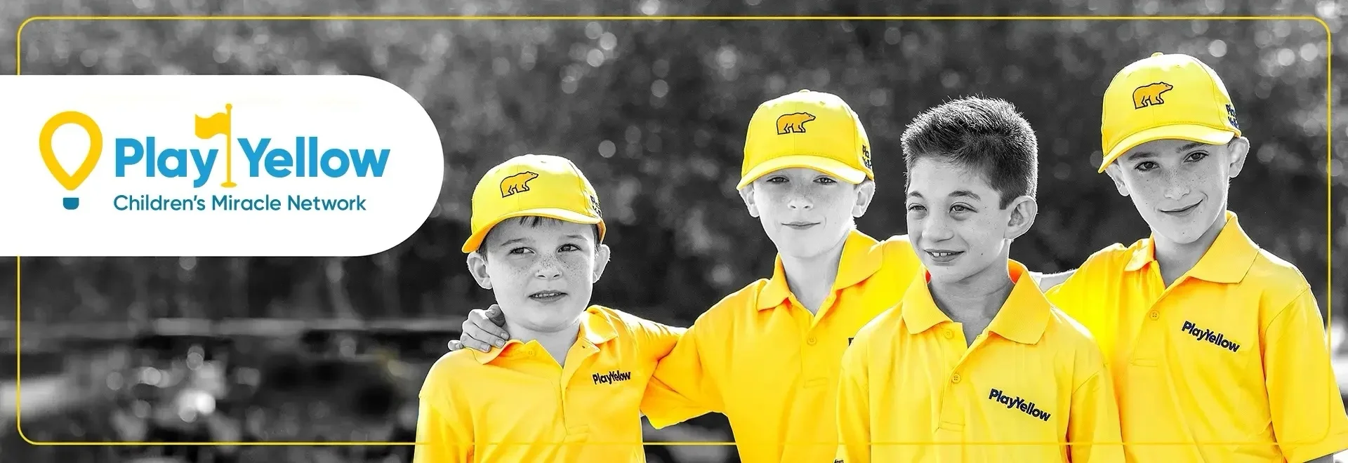 4 kids dressed in yellow Play Yellow golf shirts